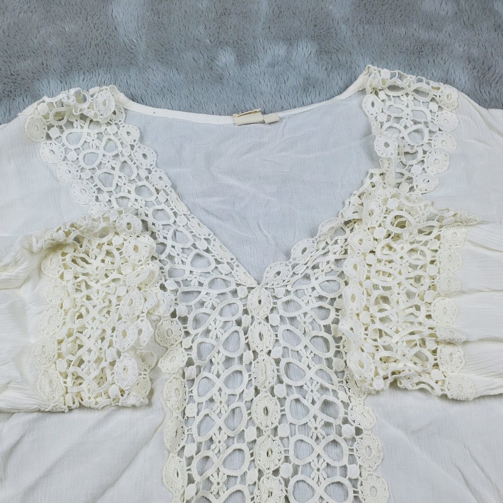 Lagaci Crochet Lace V-Neck Boho Top Womens Sz M Bell Sleeve Gauzy Rayon White
